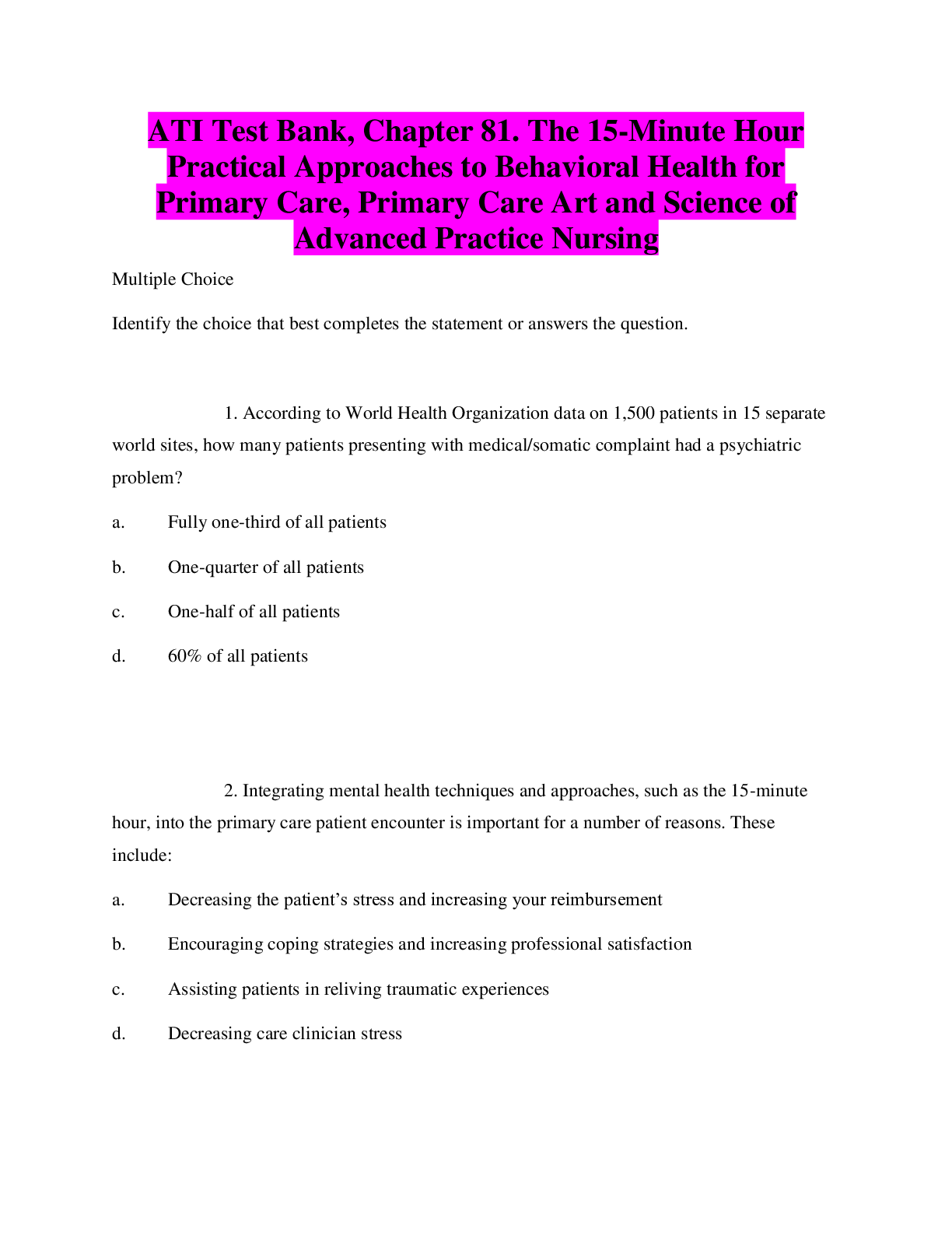 Preview image for ATI Test Bank, Chapter 81. The 15-Minute Hour Practical Approaches to Behavioral Health for Primary Care, Primary Care Art and Science of Advanced Practice Nursing